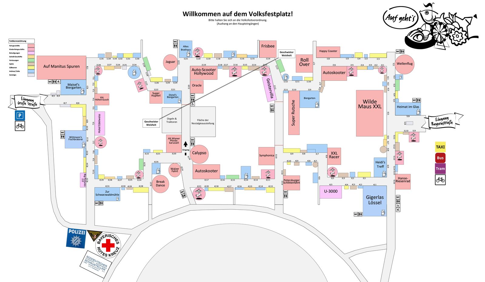 Aufstellplan des Volksfestplatzes mit allen Ständen und Fahrgeschäften. Darüber liegen elf antippbare Marker für die Standorte der Powerbank-Stationen, verteilt über den ganzen Platz von der Großen Straße bis zum Eingang Bayernstraße.